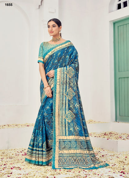 Blue Silk Printed Saree With Zari Work