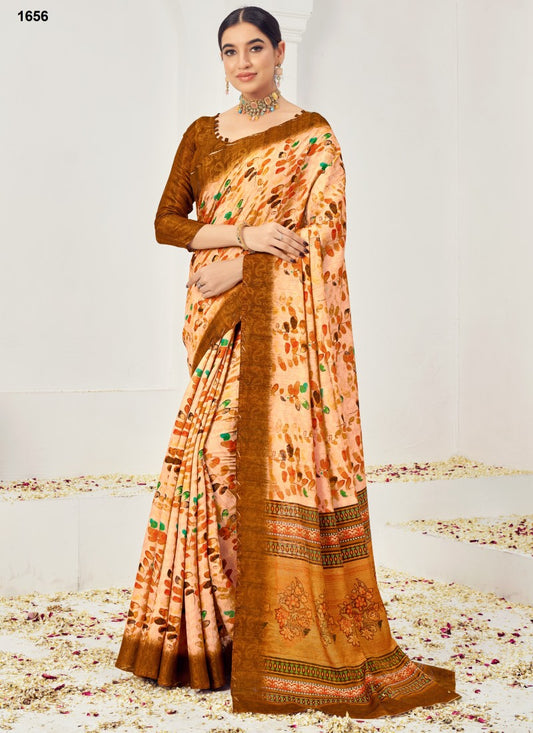 Brown Silk Printed Saree With Zari Work