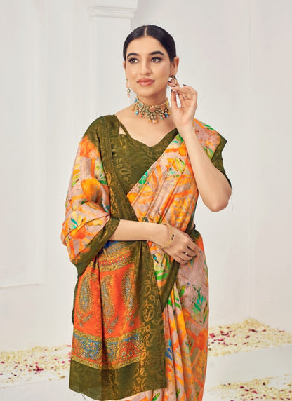 Yellow Silk Printed Saree With Zari Work