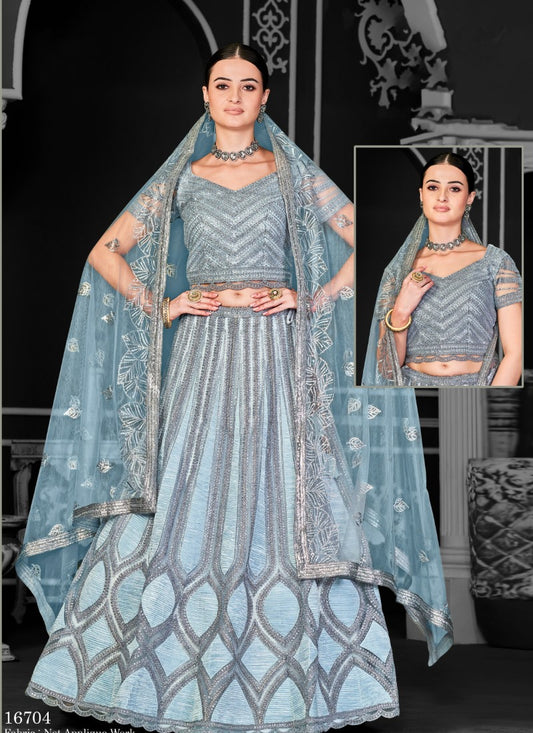 Sky Blue Net Party Wear Lehenga Choli With Sequin and Embroidery Work