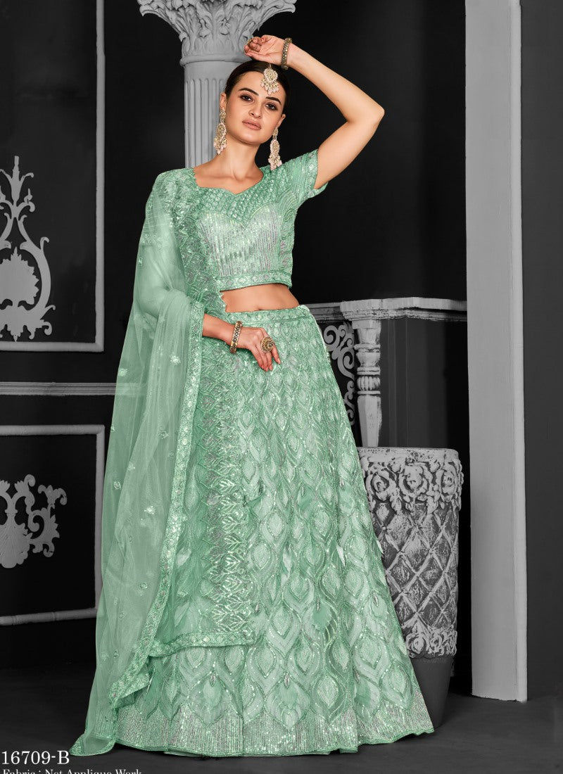 Pista Green Net Party Wear Lehenga Choli With Sequin and Embroidery Work