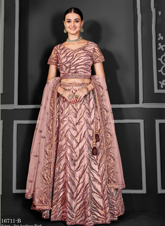 Pink Net Party Wear Lehenga Choli With Sequin and Embroidery Work