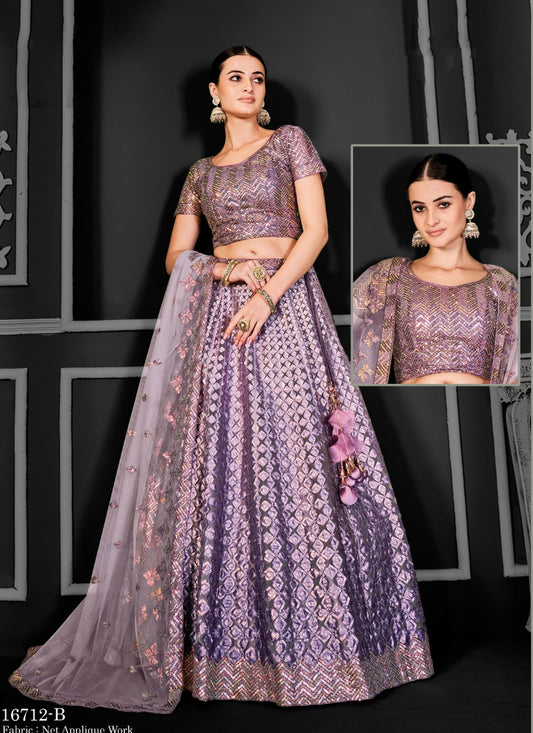 Purple Net Party Wear Lehenga Choli With Sequin and Embroidery Work