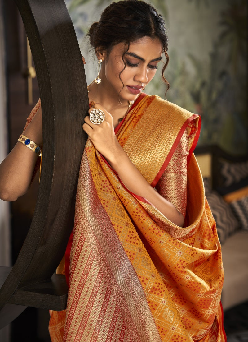 Orange Silk Patola Handloom Weave Saree-2