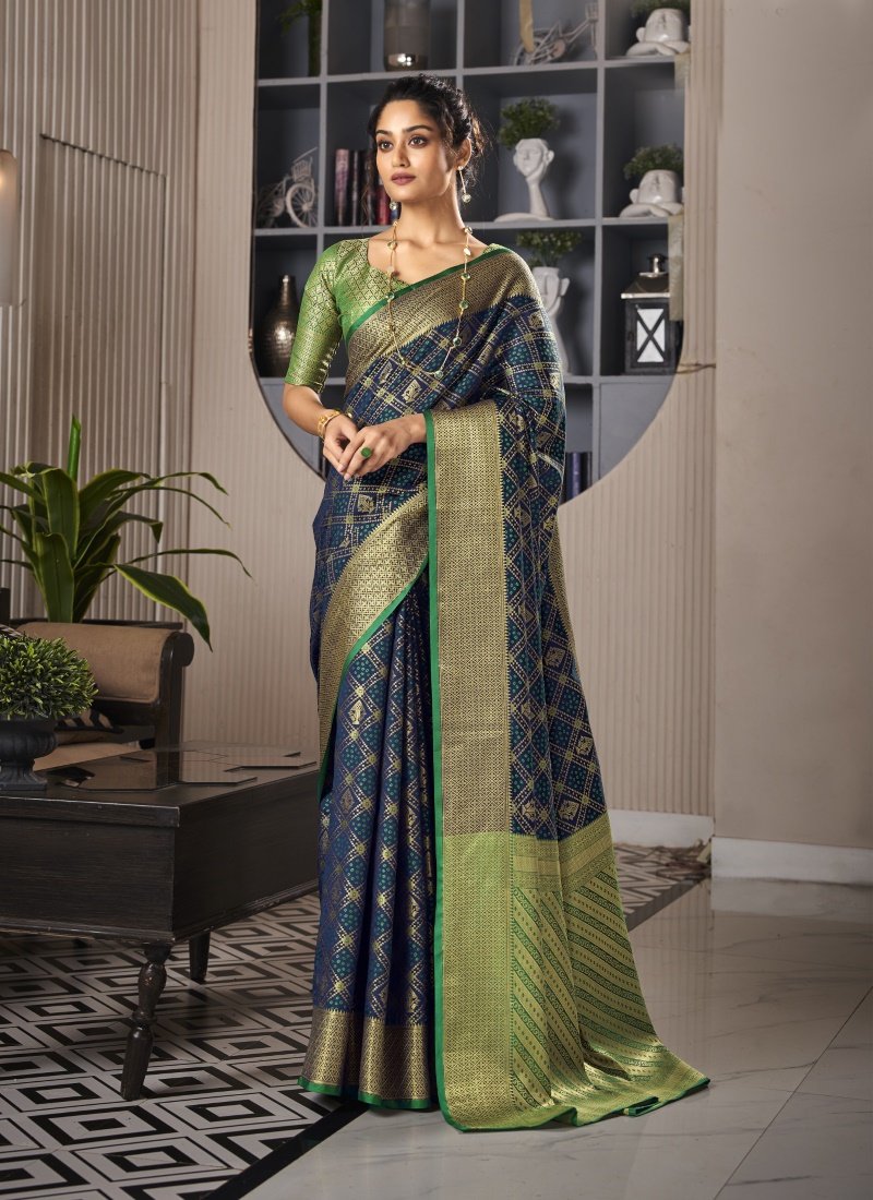 Navy Blue Silk Patola Handloom Weave Saree