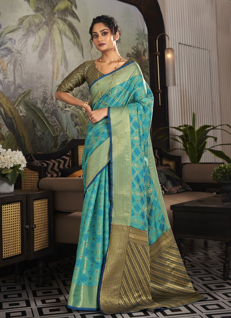 Aqua Blue Silk Patola Handloom Weave Saree