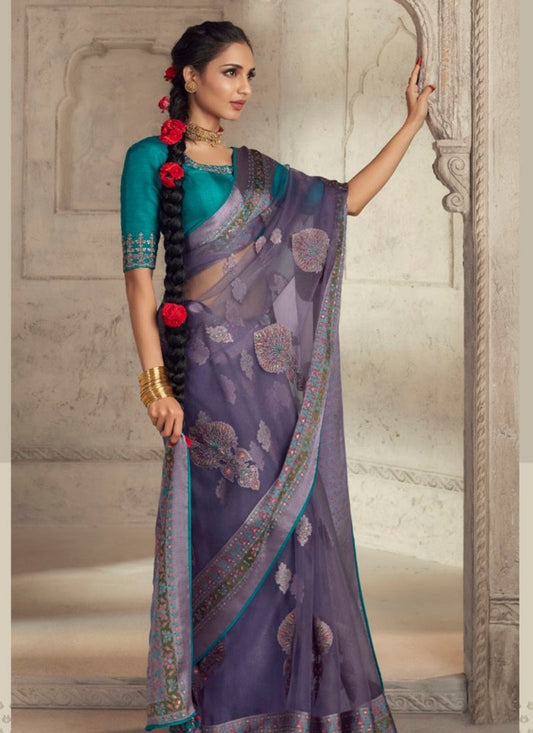 Blue Organza Saree With Piping Work