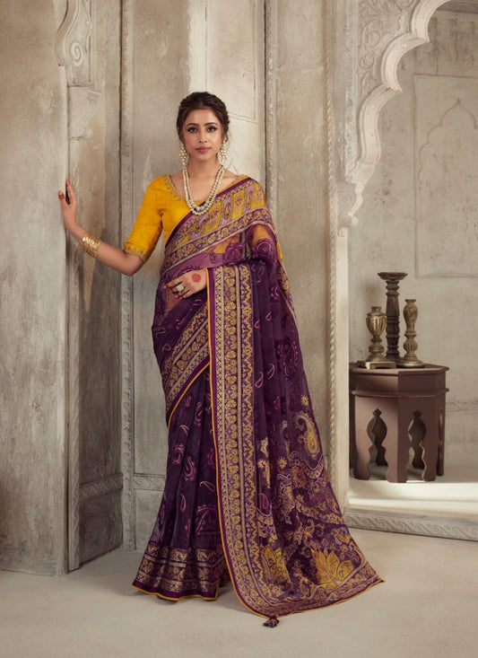 Purple Organza Saree With Piping Work