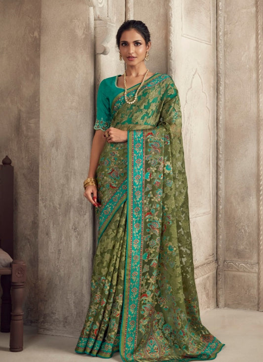 Green Organza Saree With Piping Work