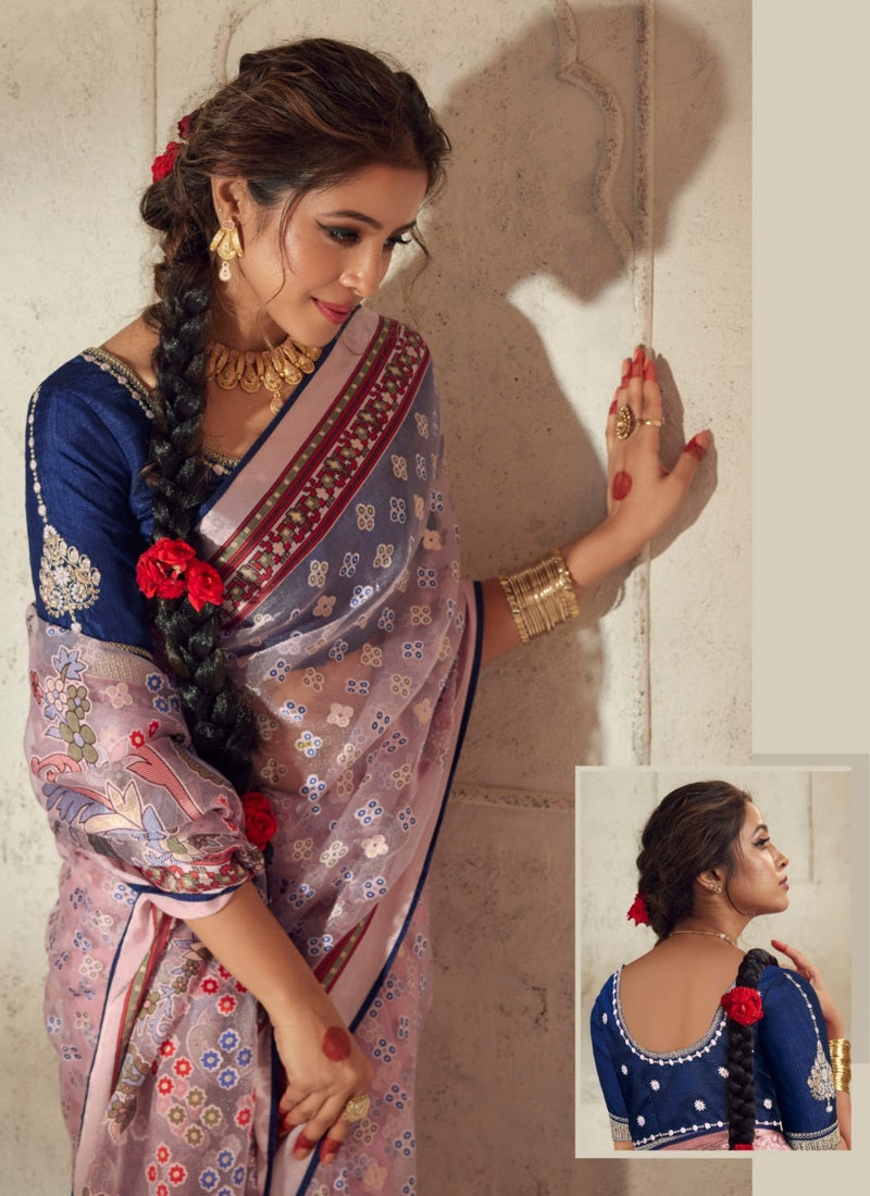 Pink Organza Saree With Piping Work-2