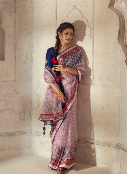 Pink Organza Saree With Piping Work