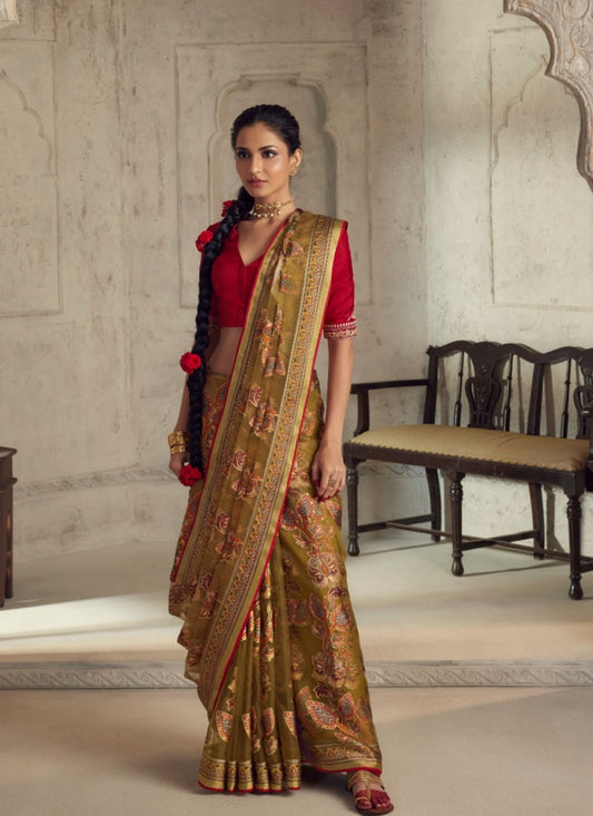 Olive Green Organza Saree With Piping Work