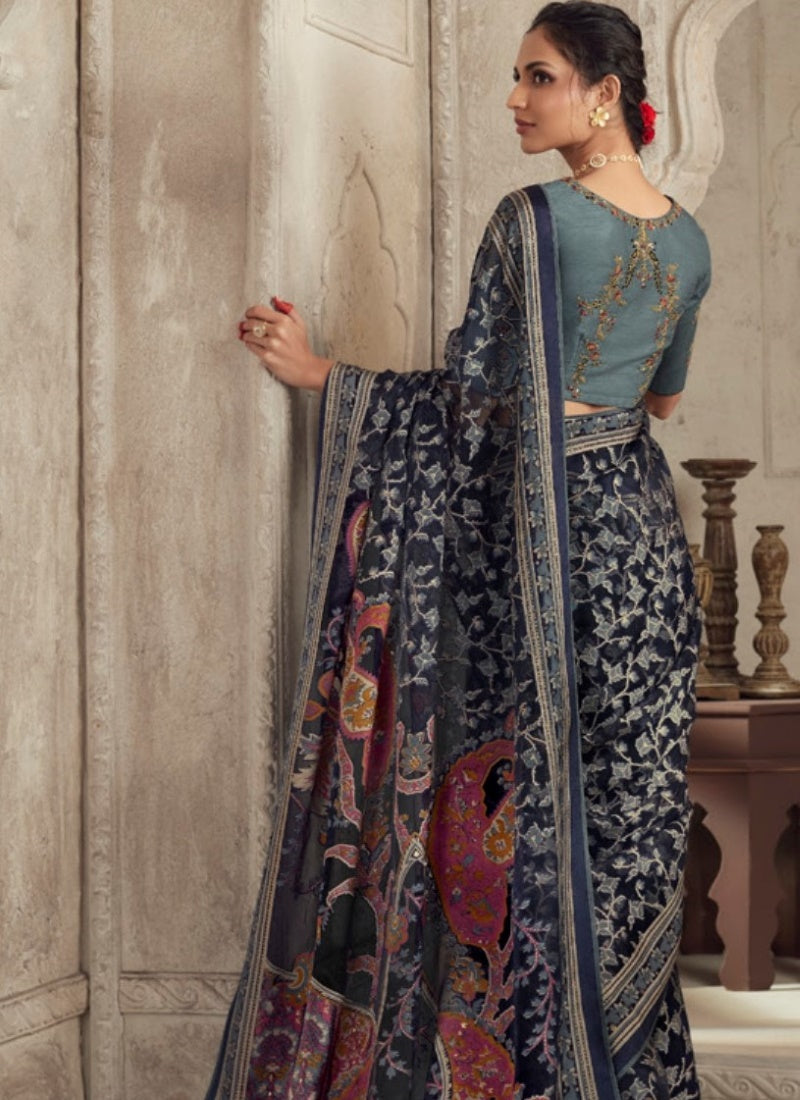 Navy Blue Organza Saree With Piping Work-2