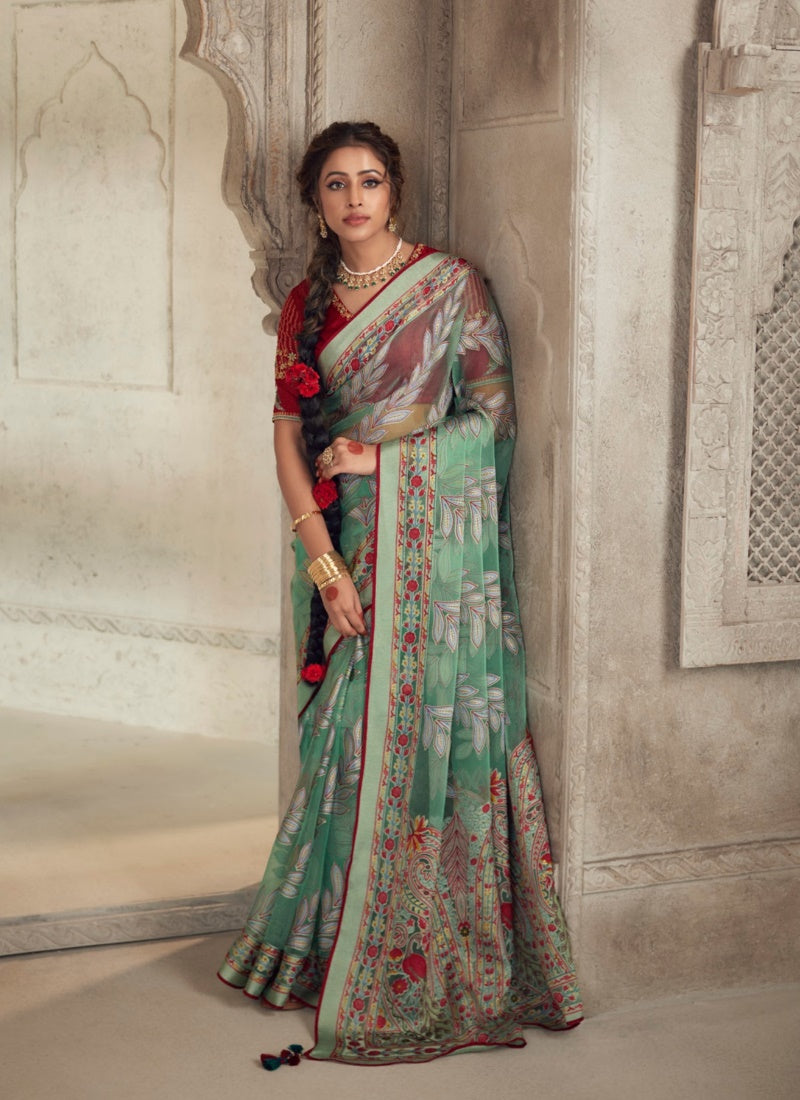 Sea Green Organza Saree With Piping Work