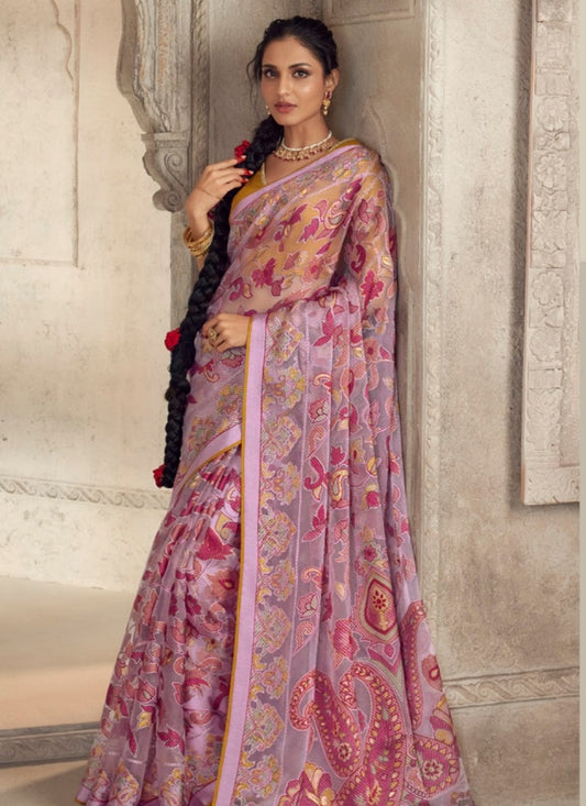 Pink Organza Saree With Piping Work