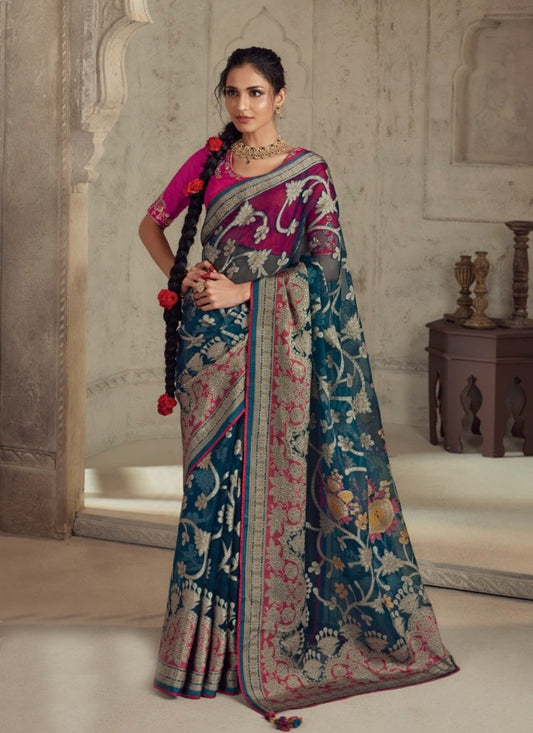 Teal Blue Organza Saree With Piping Work