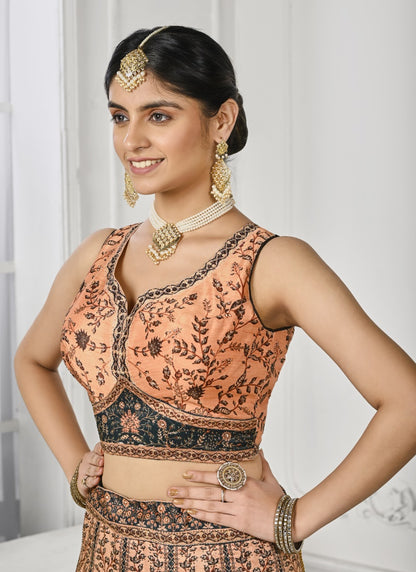 Peach Satin Silk Embroidered Lehenga Choli With Swarovski Crystal Work-2