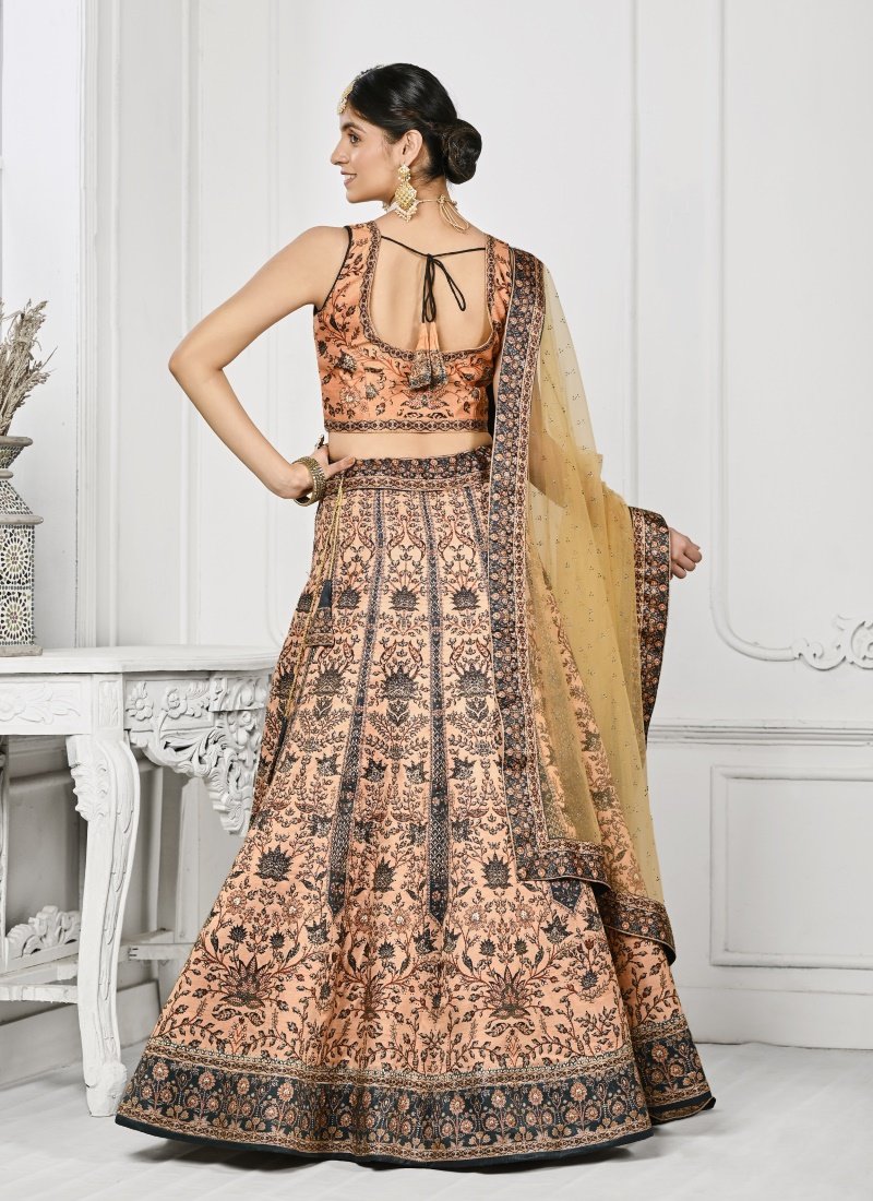 Peach Satin Silk Embroidered Lehenga Choli With Swarovski Crystal Work-2