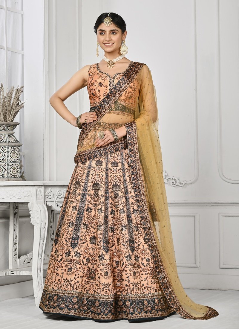 Peach Satin Silk Embroidered Lehenga Choli With Swarovski Crystal Work