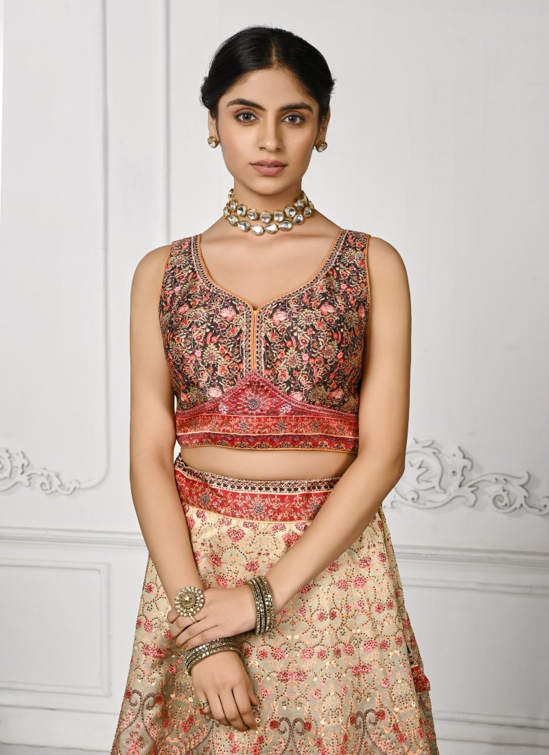 Cream Satin Silk Embroidered Lehenga Choli With Swarovski Crystal Work-2