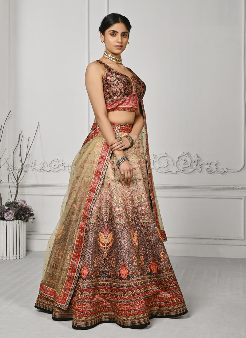 Cream Satin Silk Embroidered Lehenga Choli With Swarovski Crystal Work