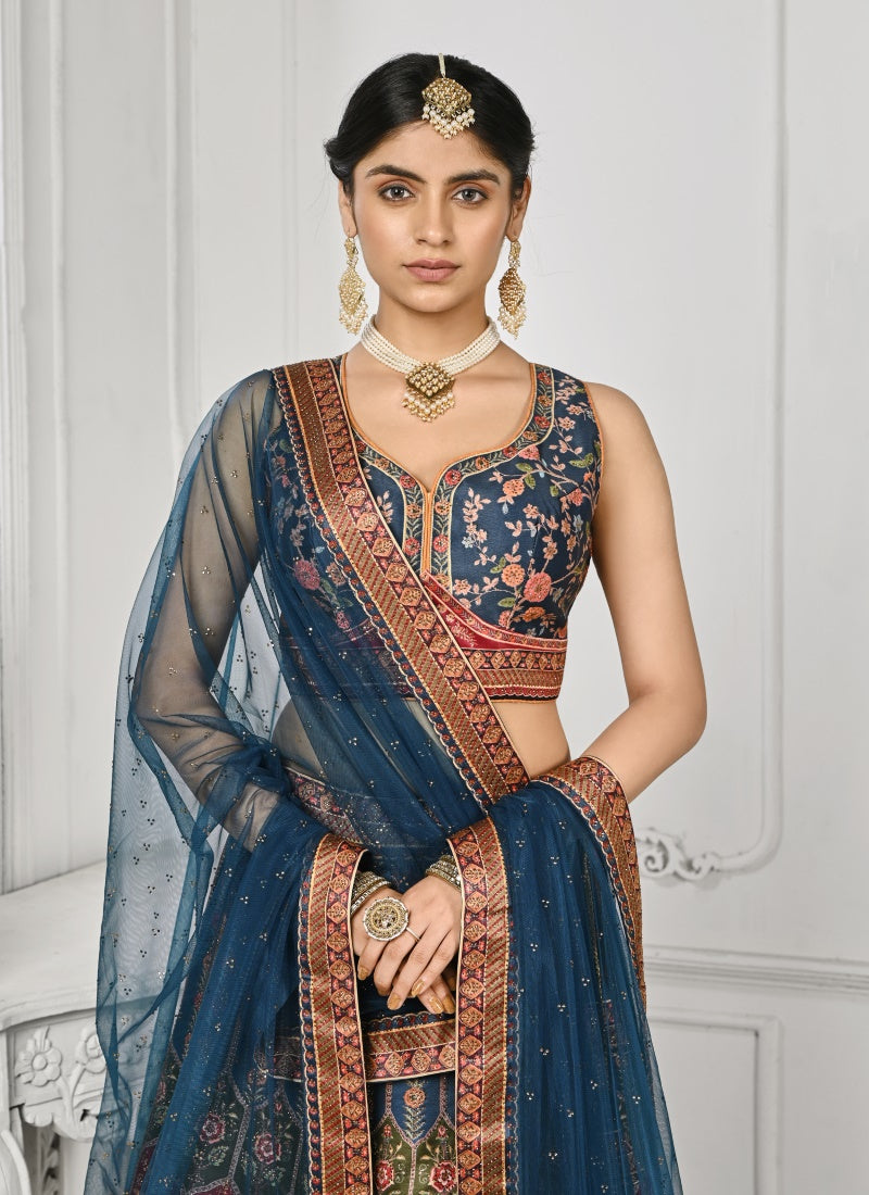 Blue Satin Silk Embroidered Lehenga Choli With Swarovski Crystal Work-2