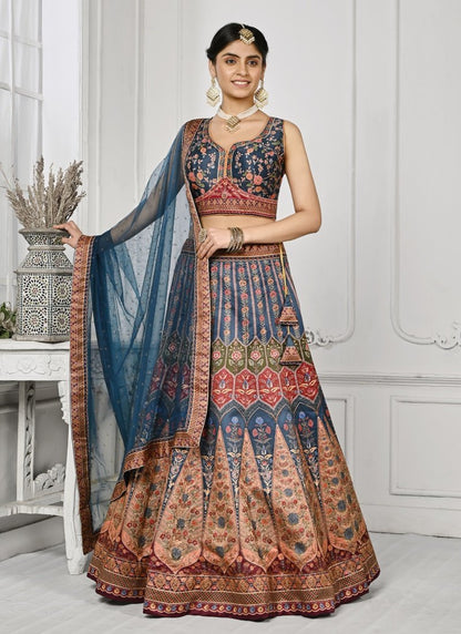 Blue Satin Silk Embroidered Lehenga Choli With Swarovski Crystal Work