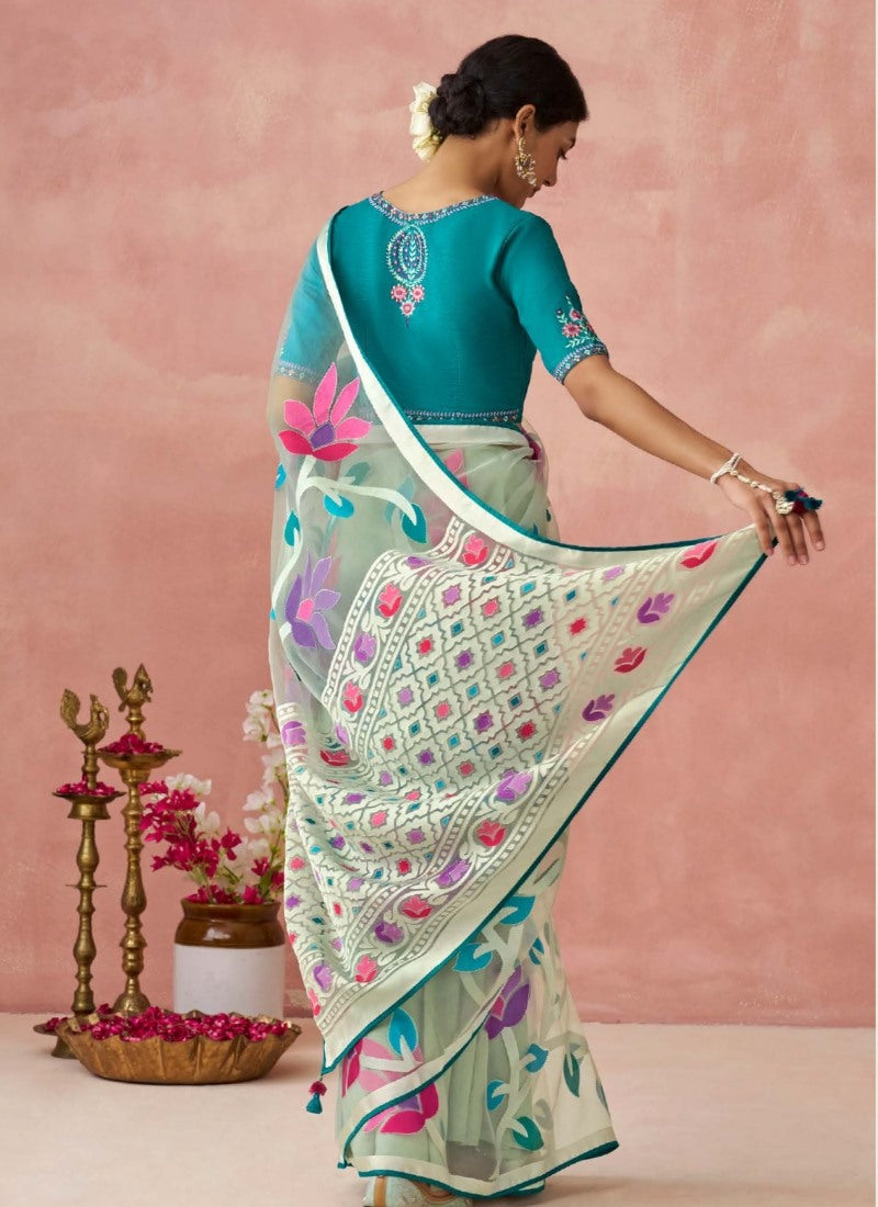 Blue Organza Saree With Print And Piping Work On Pallu