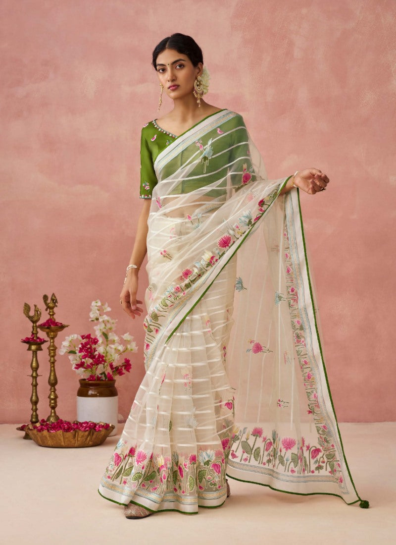 Green Organza Saree With Print And Piping Work On Pallu