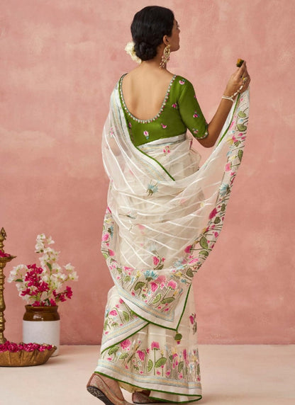 Green Organza Saree With Print And Piping Work On Pallu