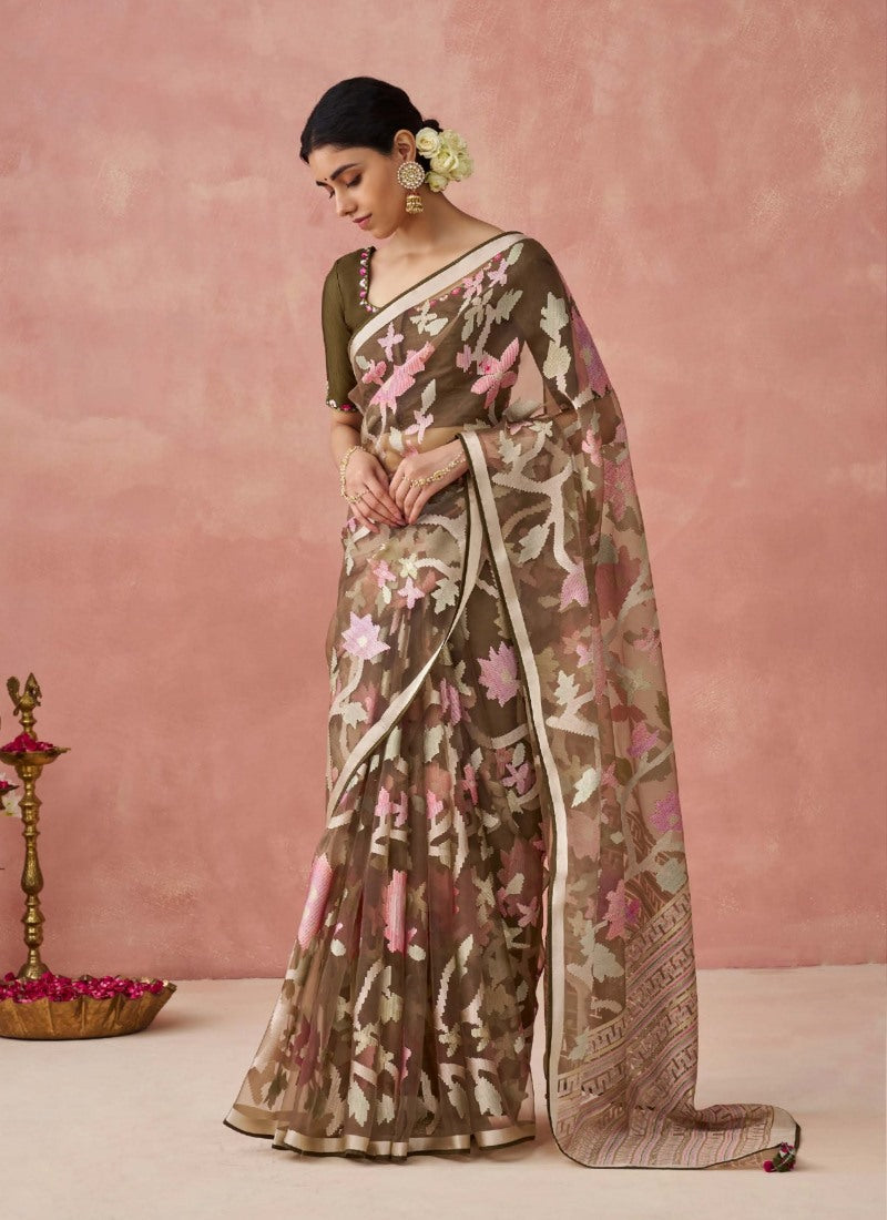 Brown Organza Saree With Print And Piping Work On Pallu