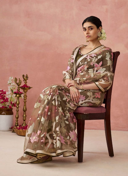 Brown Organza Saree With Print And Piping Work On Pallu