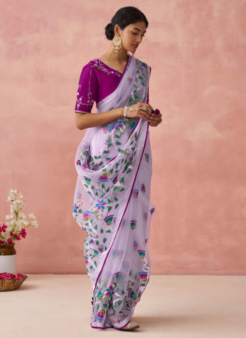 Purple Organza Saree With Print And Piping Work On Pallu