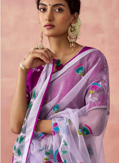 Purple Organza Saree With Print And Piping Work On Pallu