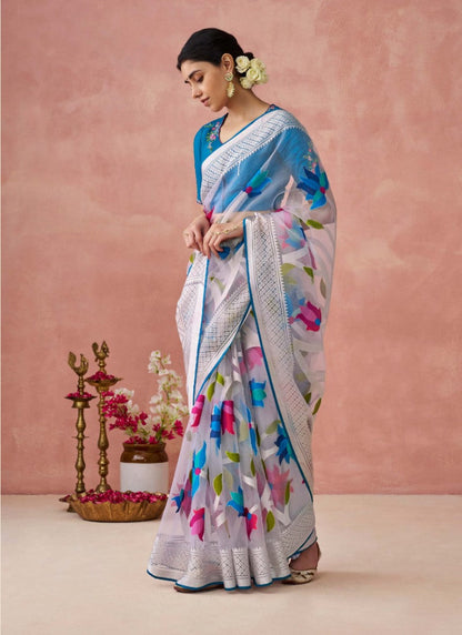 Blue Organza Saree With Print And Piping Work On Pallu