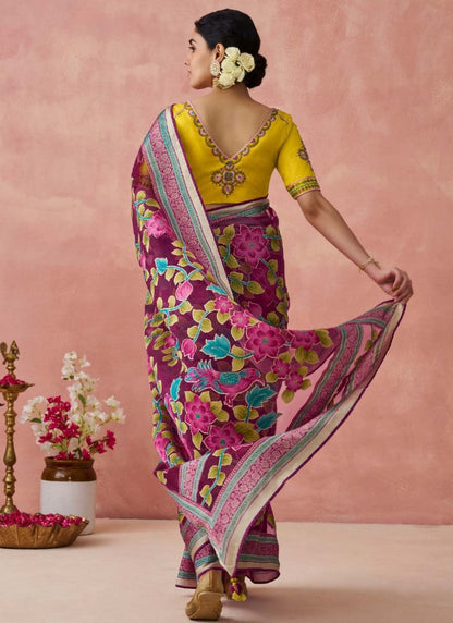 Magenta Organza Saree With Print And Piping Work On Pallu