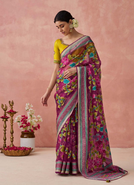 Magenta Organza Saree With Print And Piping Work On Pallu