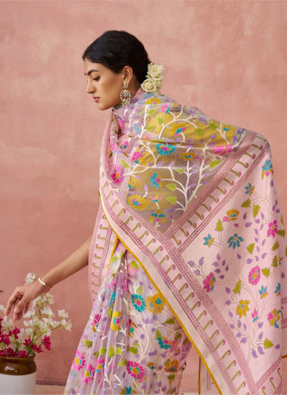 Pink Organza Saree With Print And Piping Work On Pallu