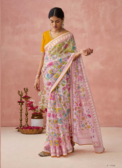 Pink Organza Saree With Print And Piping Work On Pallu