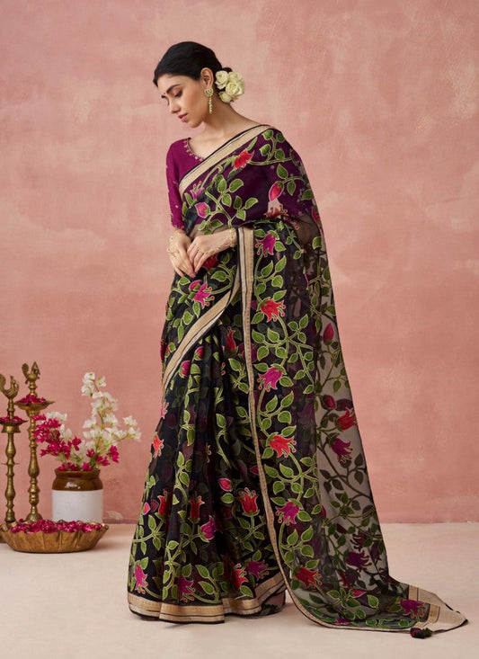 Black Organza Saree With Print And Piping Work On Pallu