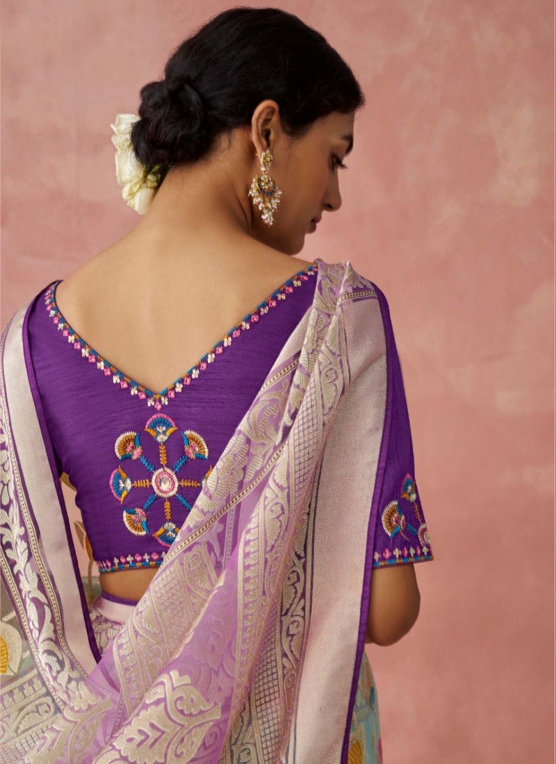 Violet Organza Saree With Print And Piping Work On Pallu