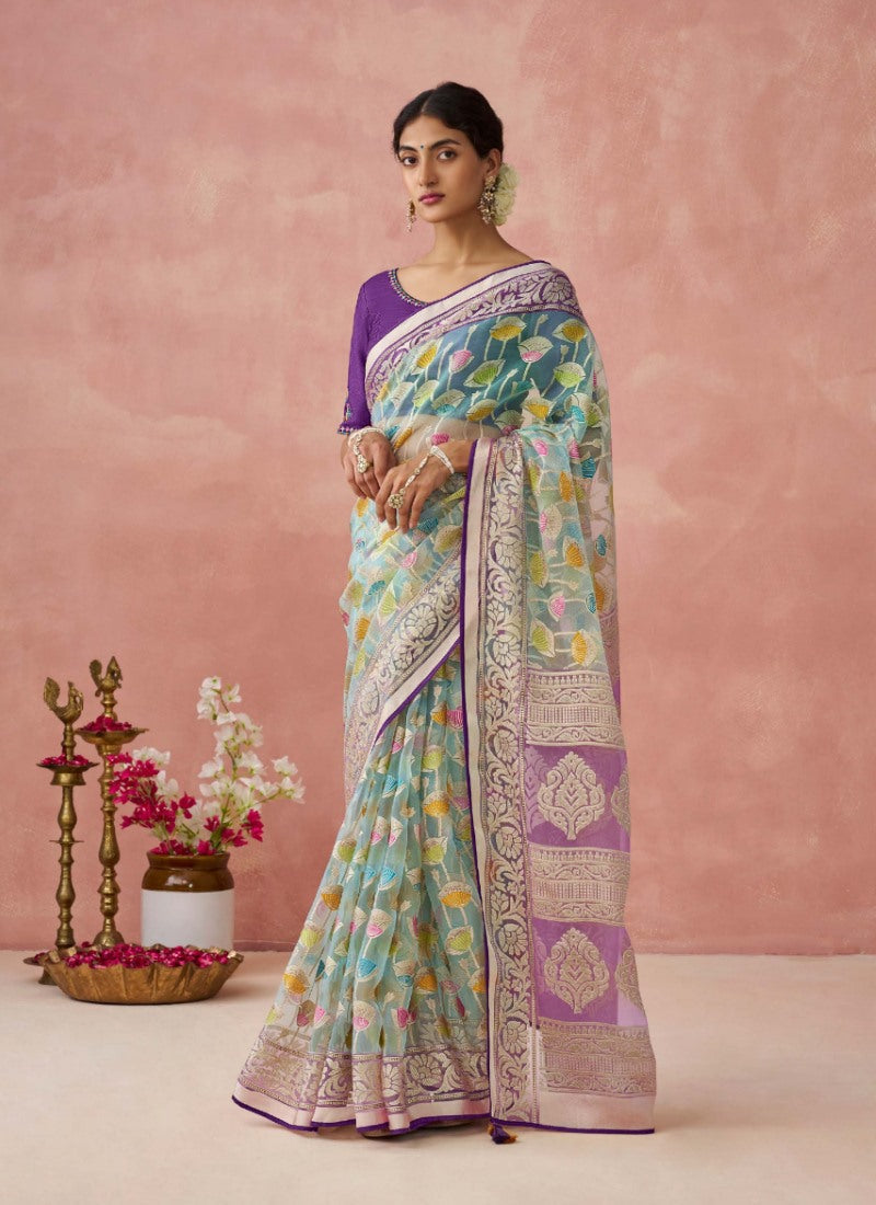 Violet Organza Saree With Print And Piping Work On Pallu