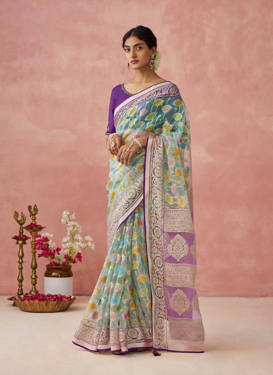 Violet Organza Saree With Print And Piping Work On Pallu