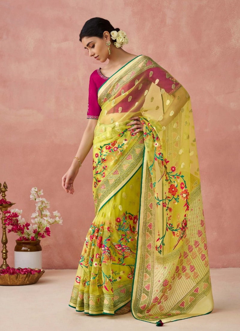 Pista Green Organza Saree With Print And Piping Work On Pallu