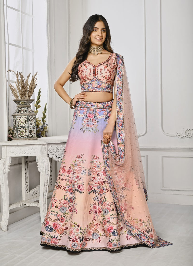 Pink Satin Silk Embroidered Lehenga Choli With Swarovski Crystal Work