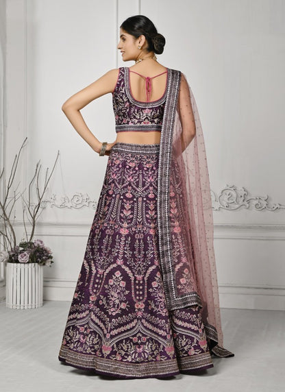 Purple Satin Silk Embroidered Lehenga Choli With Swarovski Crystal Work-2