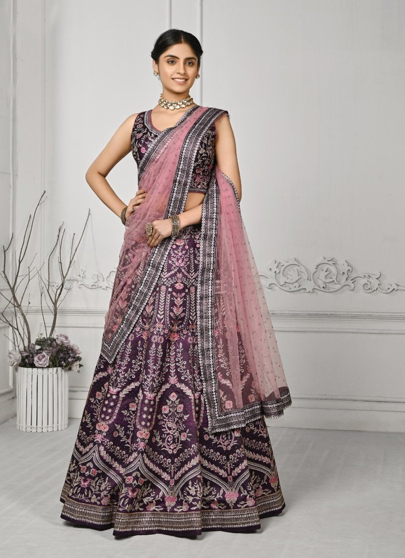 Purple Satin Silk Embroidered Lehenga Choli With Swarovski Crystal Work