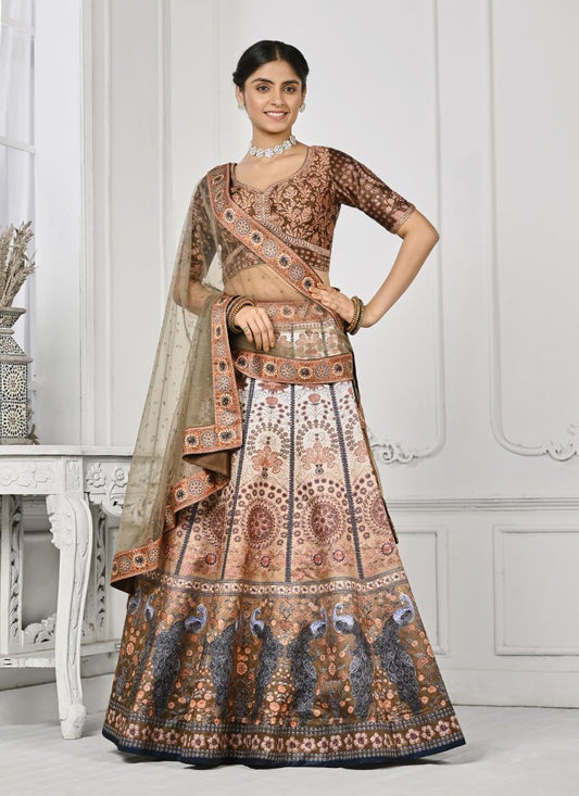 Brown Satin Silk Embroidered Lehenga Choli With Swarovski Crystal Work