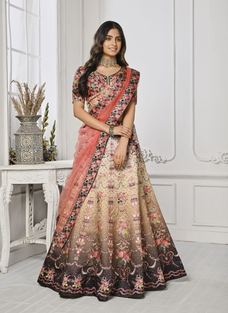 Brown Satin Silk Embroidered Lehenga Choli With Swarovski Crystal Work