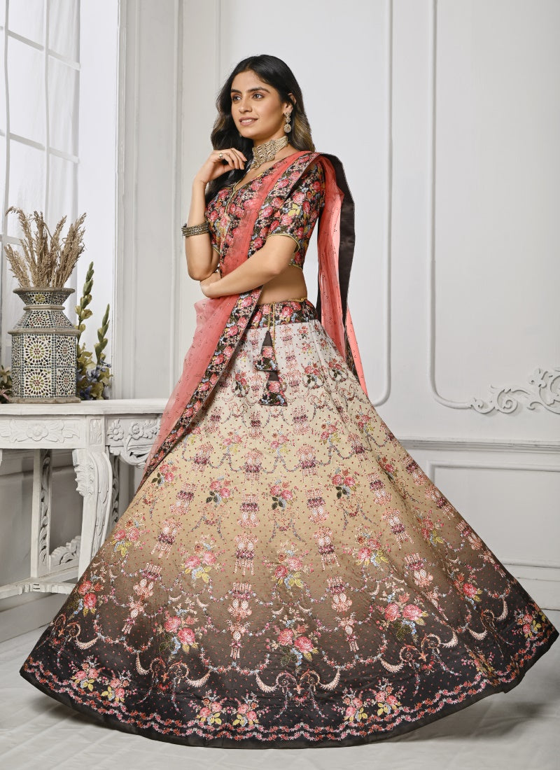 Brown Satin Silk Embroidered Lehenga Choli With Swarovski Crystal Work-2